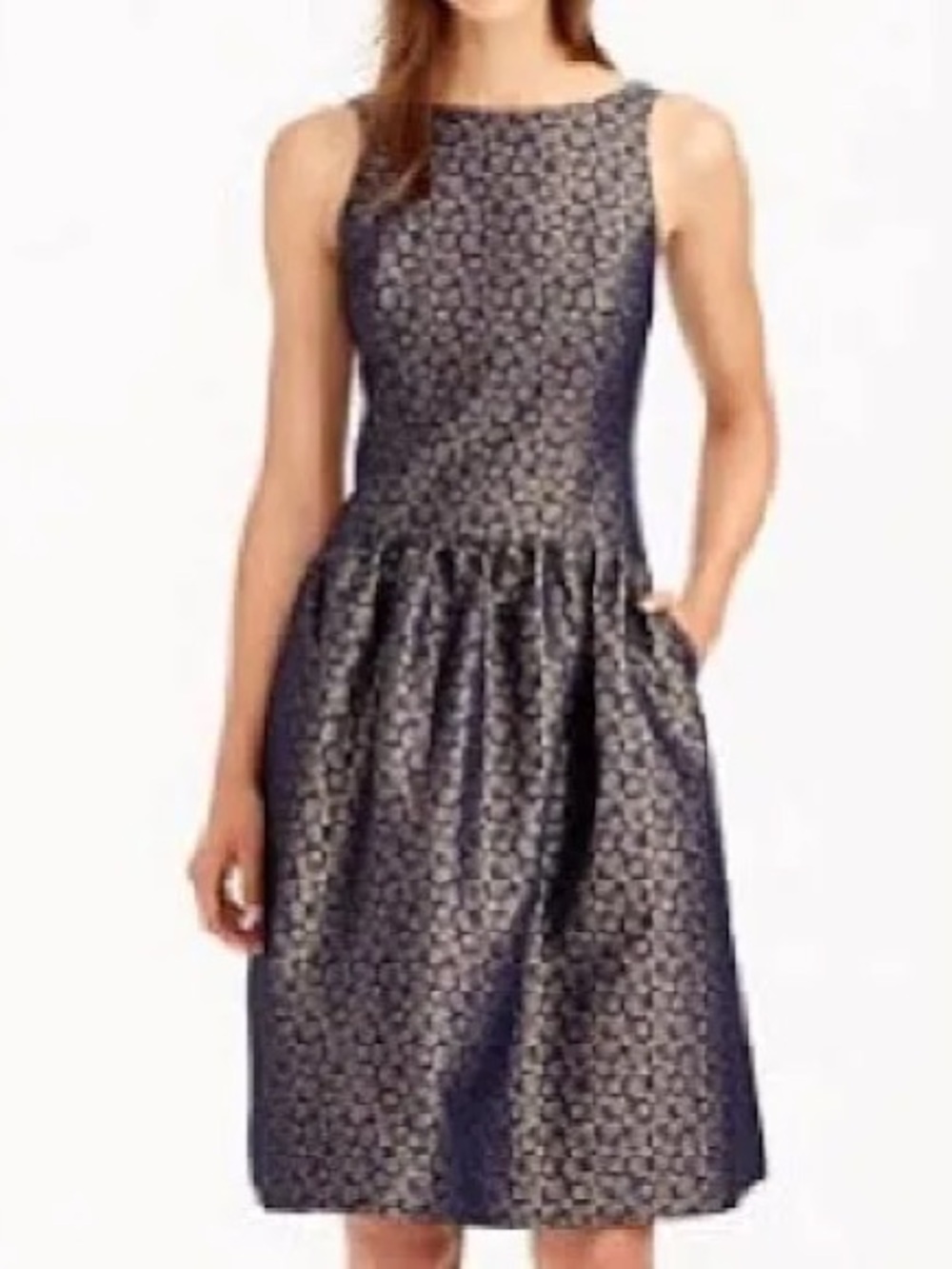 J. Crew NWT Sleeveless Navy and Gold Jacquard Fit & Flare Dress